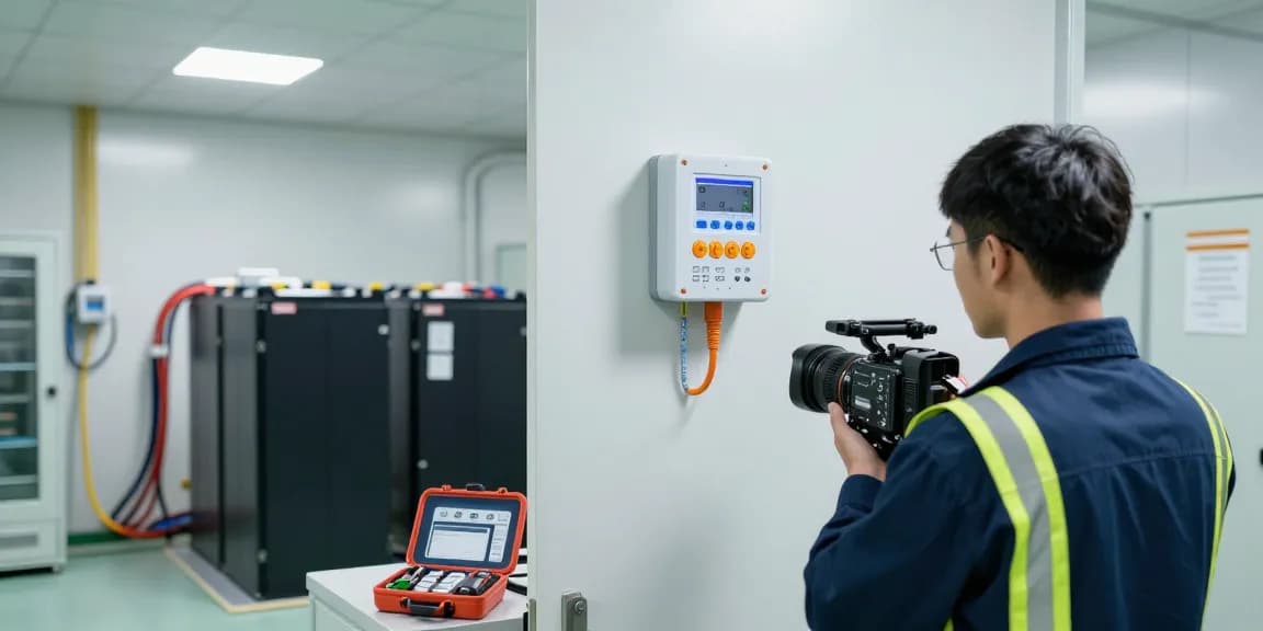 Wasserstoffsensor Batterieraum zur kontinuierlichen Überwachung und Sicherheit von Batterielagern mit Techniker bei Inspektion.
