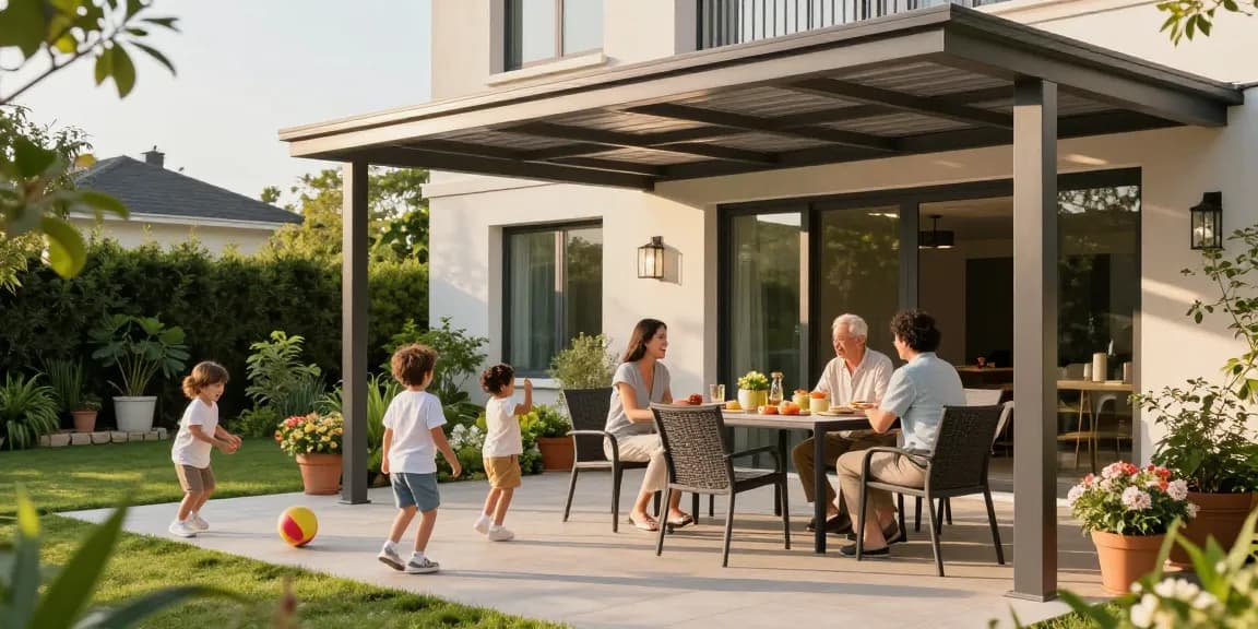 Familie unter modernen Terrassenüberdachungen auf sonniger Terrasse genießt Zeit zusammen.