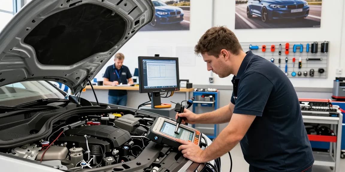 Experte beim Servicieren eines BMW in der Werkstatt Hannover, präsentiert BMW Spezialisten Hannover.