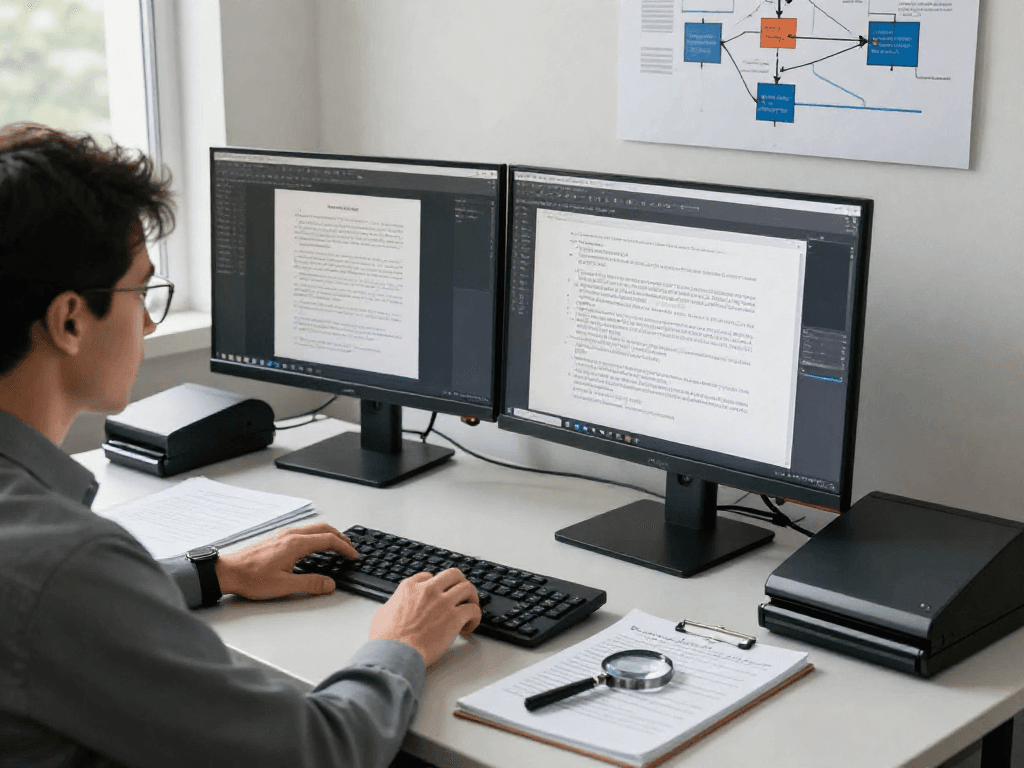 Document fraud detection analysis in a high-tech workspace with monitors, legal documents, and advanced software.
