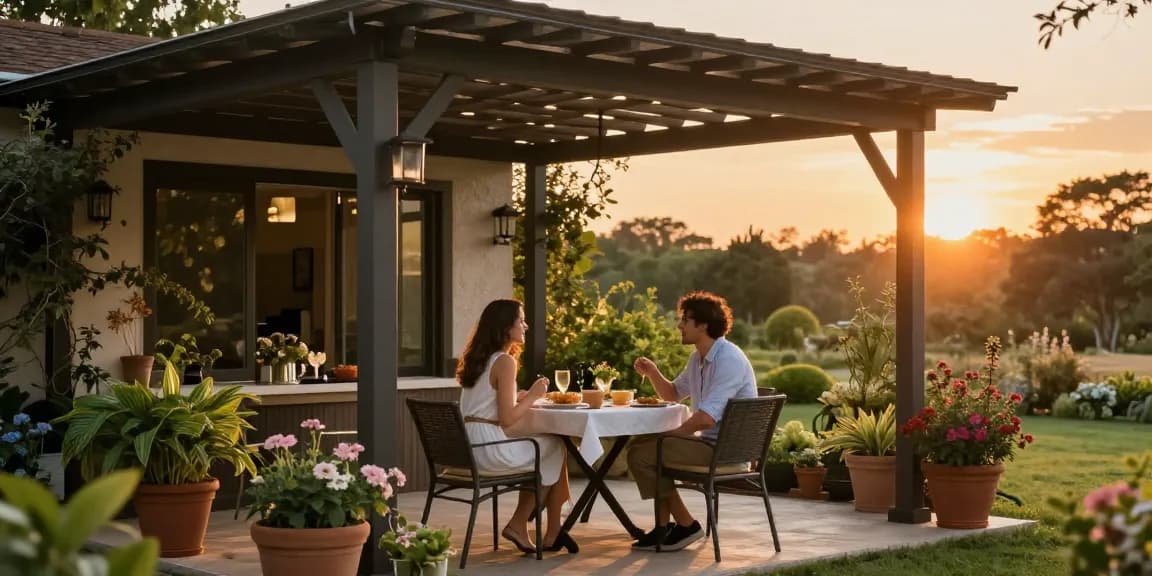 Freistehende Terrassenüberdachung im Garten mit Paar, das entspannt den Abend genießt.