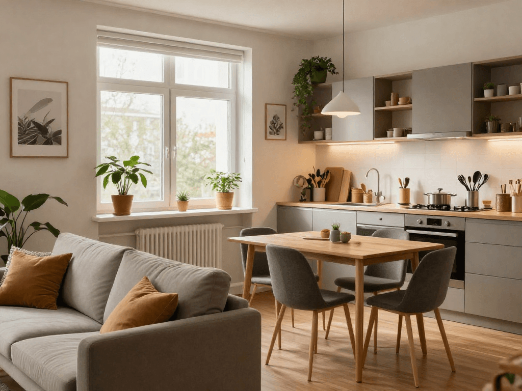 Gemütliche Monteurwohnung Hannover mit voll ausgestatteter Küche und stilvollem Wohnzimmer in warmem Licht.
