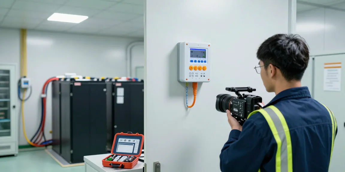 Wasserstoffsensor Batterieraum zur kontinuierlichen Überwachung und Sicherheit von Batterielagern mit Techniker bei Inspektion.
