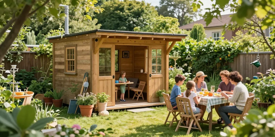 Gemütliches Gartenhaus in einem schönen Garten mit spielenden Kindern und einer Familie.