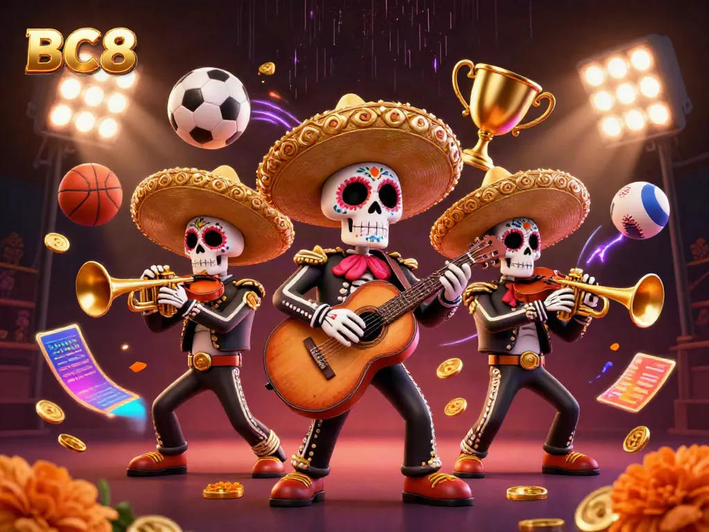 Experience the vibrant BC8 online entertainment platform with a lively mariachi band amidst dynamic sports-themed elements.
