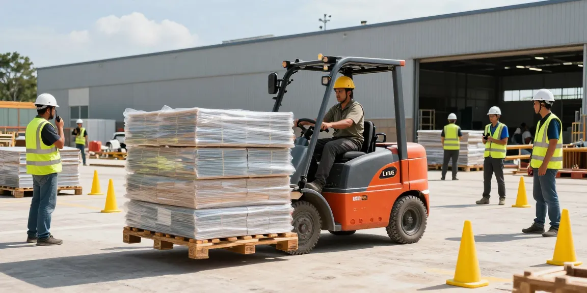 Fähiger Bediener, der einen Linde Gabelstapler gebraucht auf einer geschäftigen Baustelle fährt und Effizienz sowie Teamarbeit zeigt.