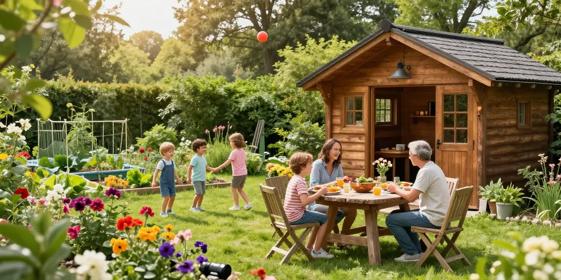 Gemütliches Gartenhaus umgeben von Blumen und spielenden Kindern im Garten.