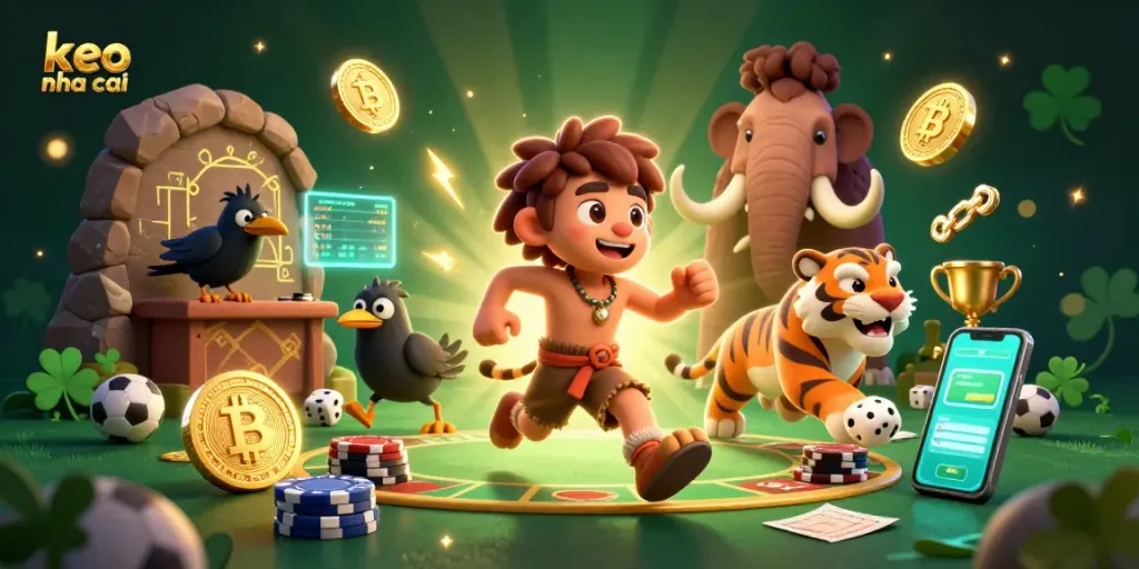 Engage with keo nha cai strategies in a visually dynamic prehistoric casino scene featuring characters and betting elements.