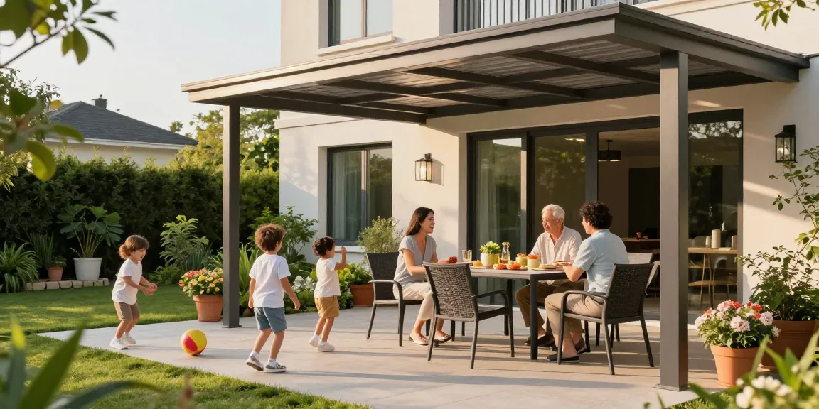 Familie unter modernen Terrassenüberdachungen auf sonniger Terrasse genießt Zeit zusammen.