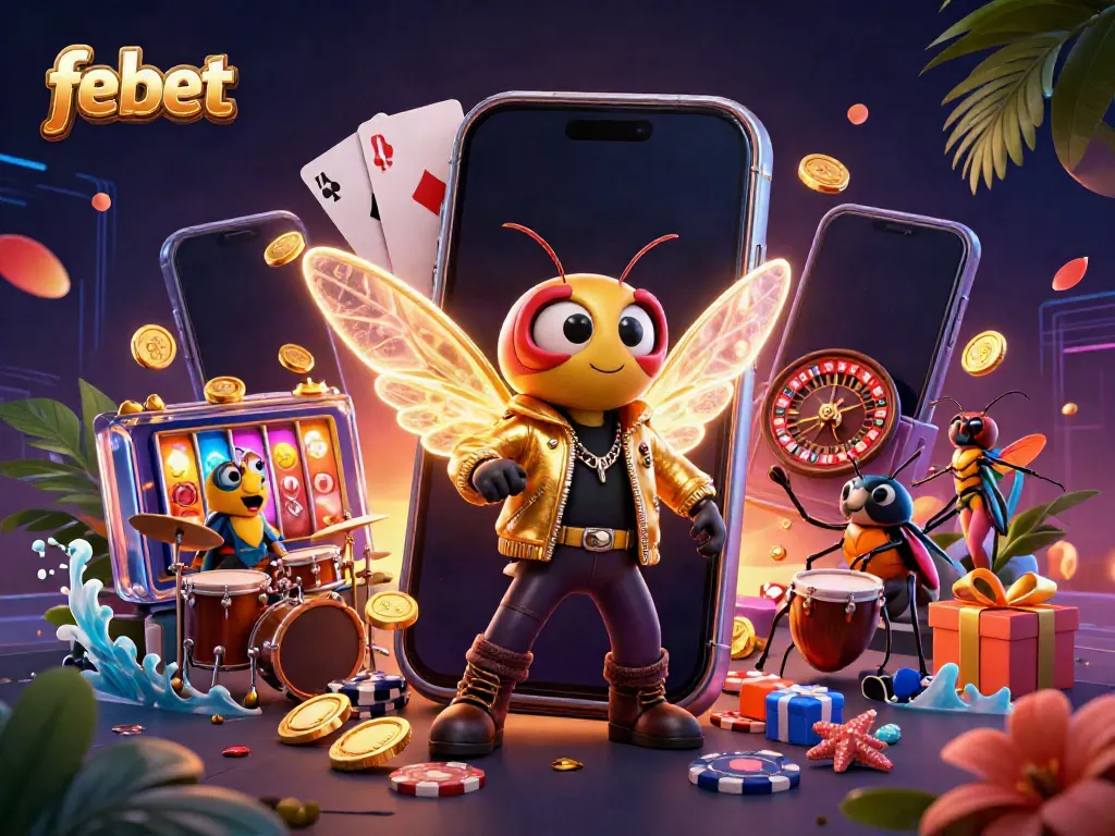 Experience excitement with febet's dynamic casino atmosphere featuring cartoon characters and vibrant gaming elements.