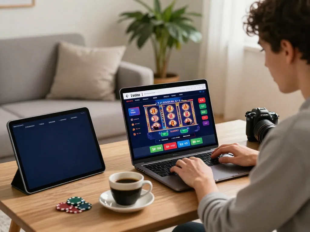 Engaged user playing ku88 casino games on laptop in cozy living room