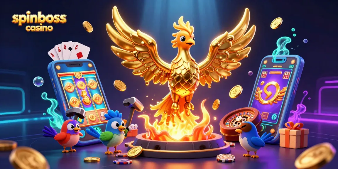 Spinboss Casino: Gewinne Freispiele mit dem goldenen Phoenix, der Münzen erschafft.