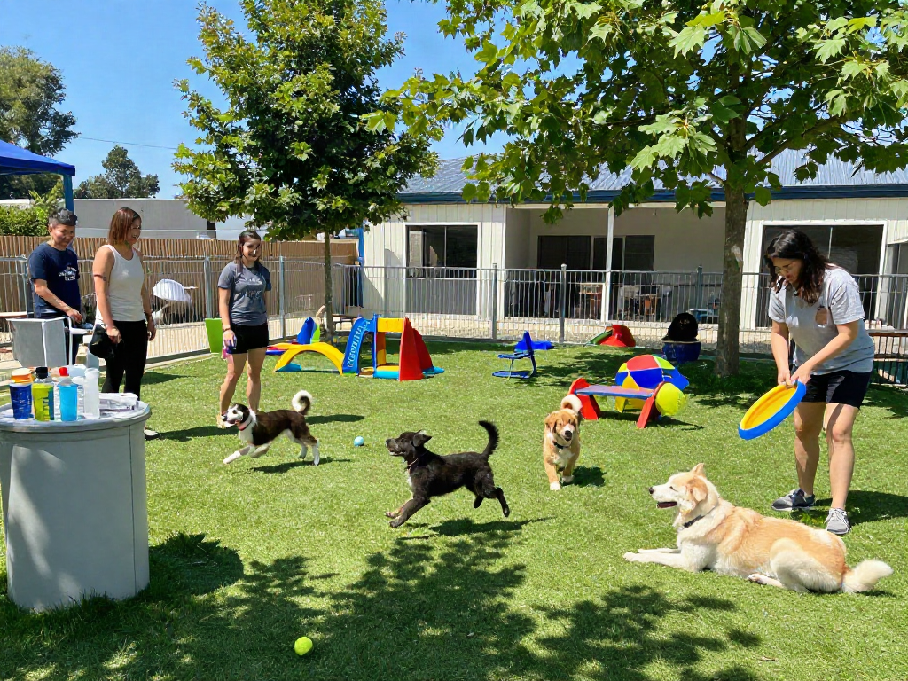 Happy dogs at dog daycare engaging in playtime, showcasing depo 10k pet care options.