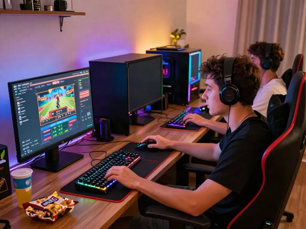 Engaged player enjoying GEM88 online gaming at home, showcasing vibrant setup and immersive experience.