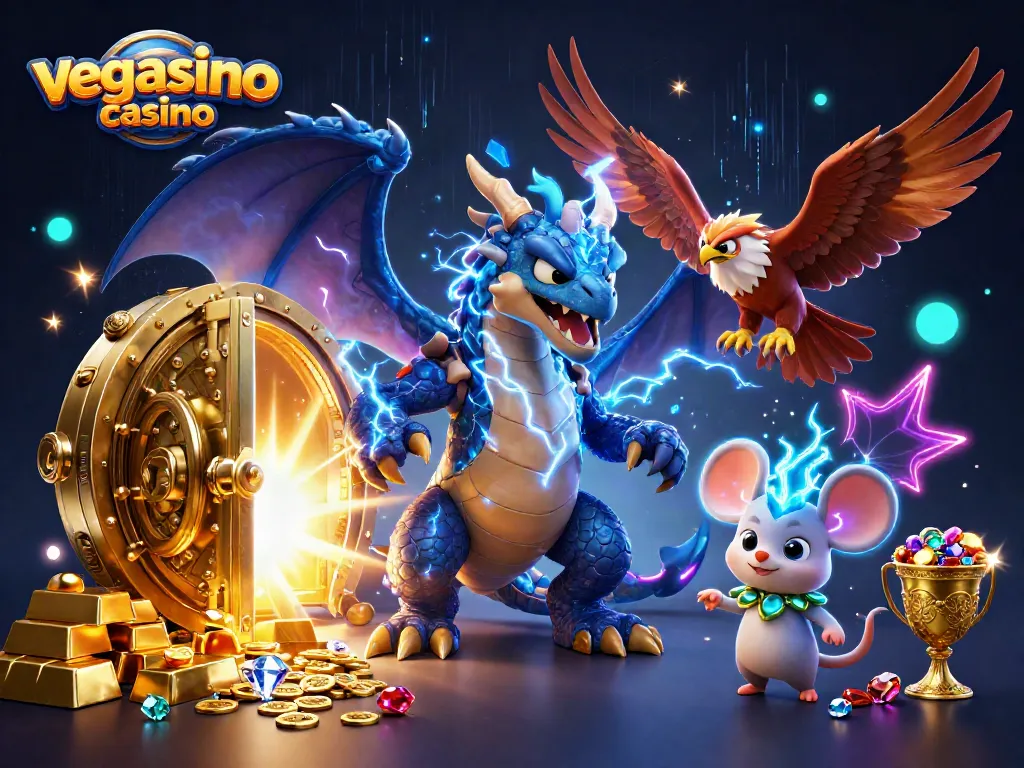 Experience the thrill with Vegasino Casino's dragon, hawk, and thunder mouse in an electrifying 3D scene.