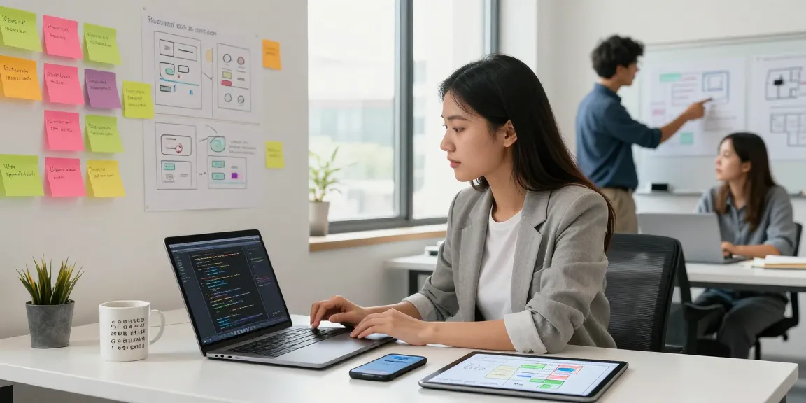 Build internal tools with AI in a modern collaborative workspace with professionals coding, brainstorming, and sharing ideas.