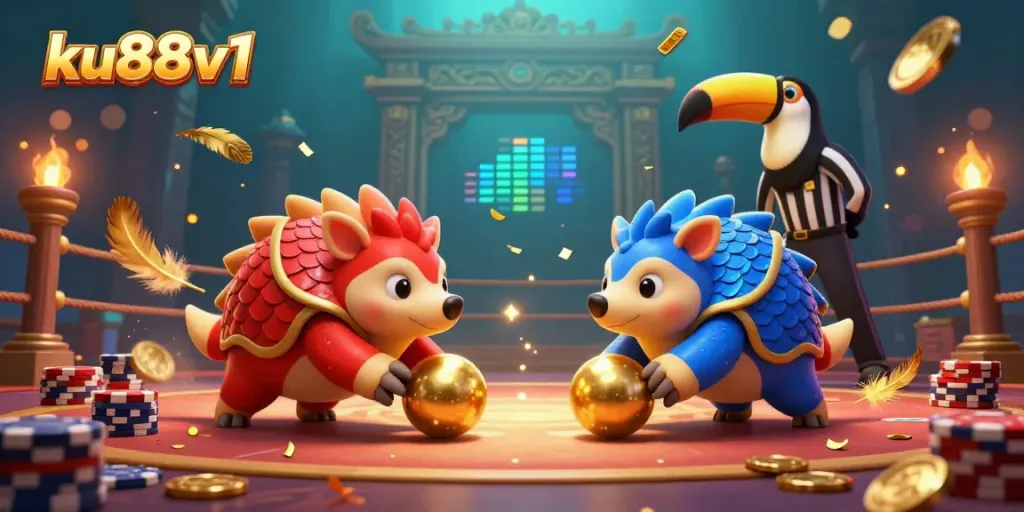 Experience thrilling action with ku88v1, as rival pangolins compete amidst poker chips and golden scales.