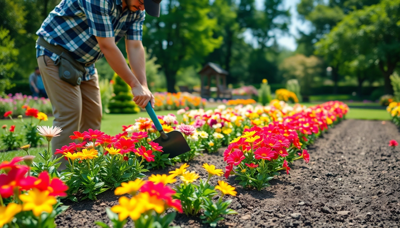Galabauer gestaltet eine blühende Gartenlandschaft mit bunten Blumen und grünen Pflanzen.