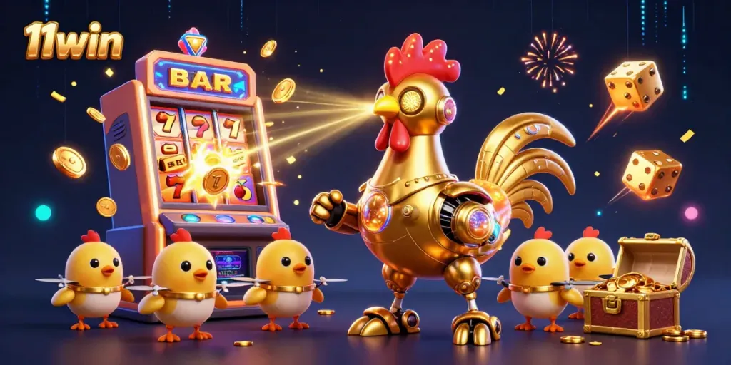 Experience big wins with 11win's vibrant 3D casino scene featuring a golden rooster robot and dazzling game elements.