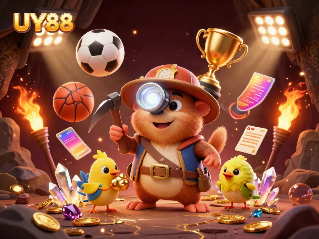 Experience thrilling adventures at UY88 with our animated treasure hunter in a vibrant casino scene, showcasing exciting sports elements.