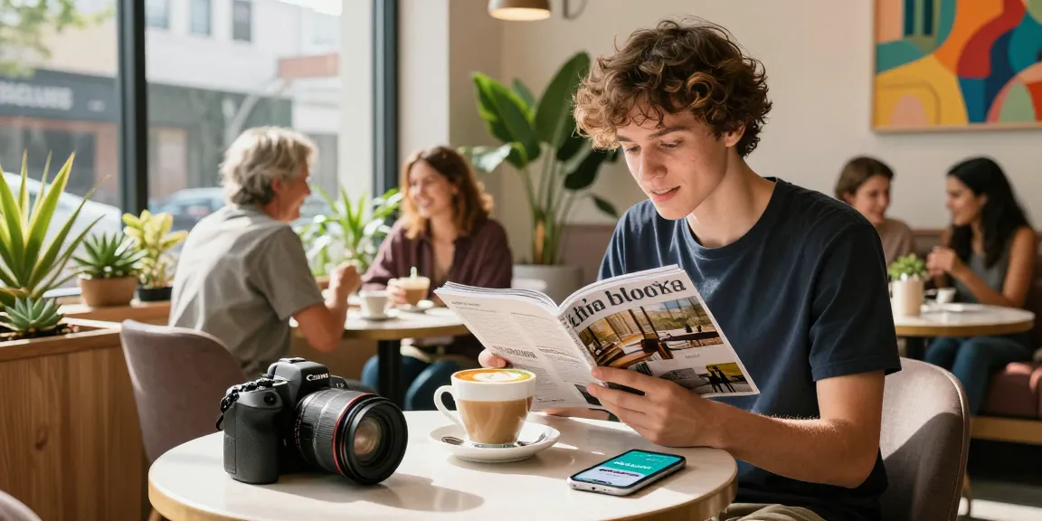 Young adult enjoying a latte in a trendy café while exploring rokok88 app updates.