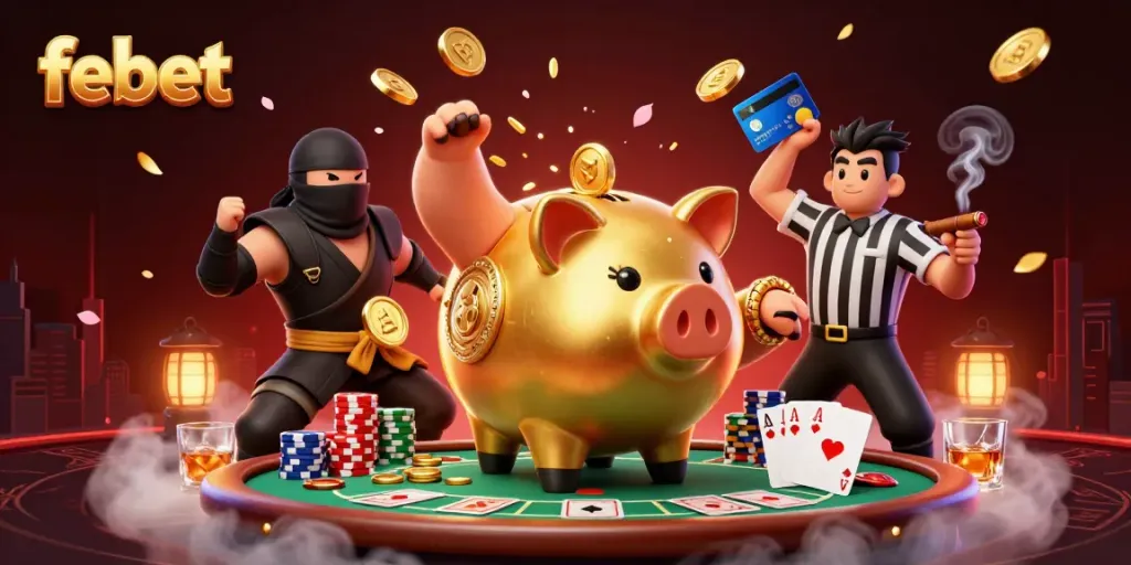 Experience dynamic fun with febet's playful characters in a vibrant casino scene.