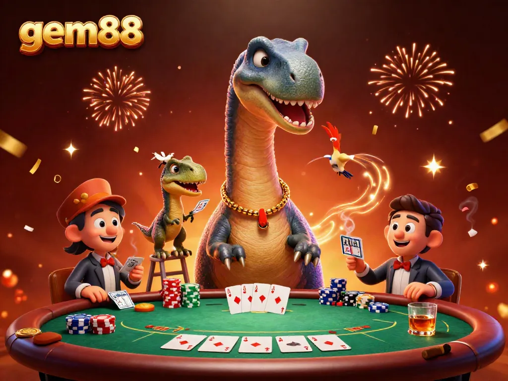 Experience the excitement of gem88 with a giant brontosaurus at a poker table, celebrating big wins.
