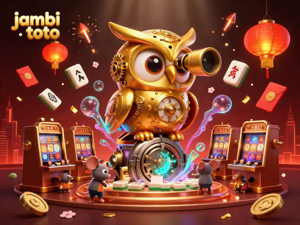 Experience winning thrills at jambi toto with a whimsical casino scene featuring a golden owl and cheerful mice.