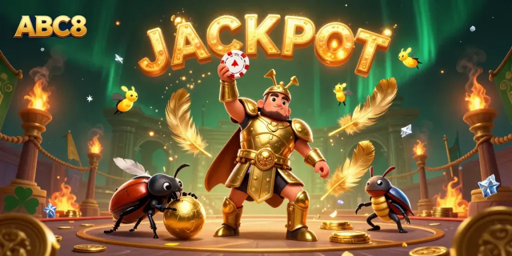 Experience the thrilling world of ABC8 with 3D cartoon characters celebrating a jackpot in a vibrant casino setting.