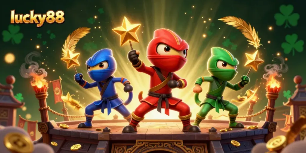 Experience the excitement of lucky88 through a vibrant 3D casino illustration showcasing dynamic ninja chameleons.