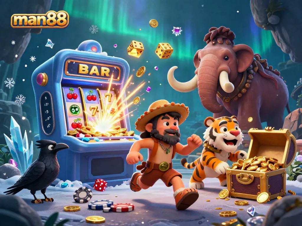 Experience the thrill of man88 with a lively prehistoric casino featuring megafauna characters, poker chips, and a jackpot.
