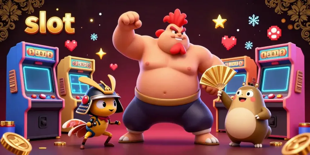 Engage with thrilling slot gameplay showcased by a dynamic sumo rooster, samurai cricket, and tanuki announcer.
