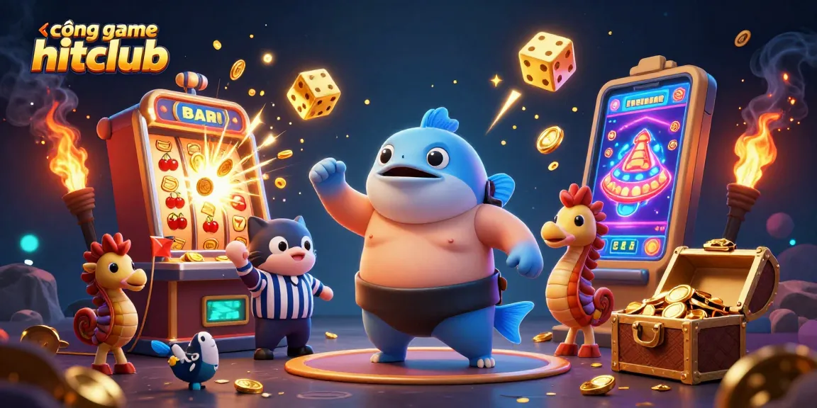 Engage in thrilling gaming at cổng game hitclub with an energetic underwater scene featuring a fugu, a wise catfish, and vibrant casino elements.