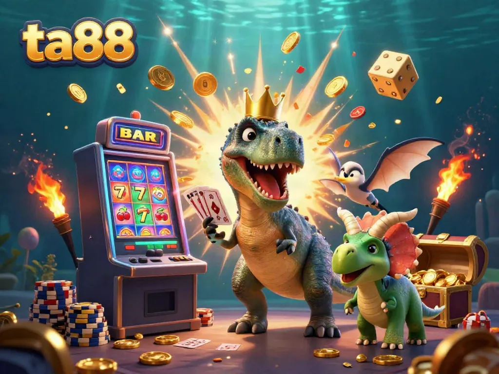 Experience the excitement of ta88 with a cartoon scene featuring a T-Rex shuffling cards, flanked by a pterodactyl and baby triceratops.