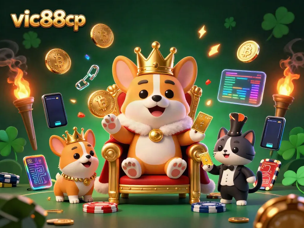 Participate in fun games at vic88cp, featuring a 3D royal corgi amidst vibrant Bitcoin and Ethereum elements.