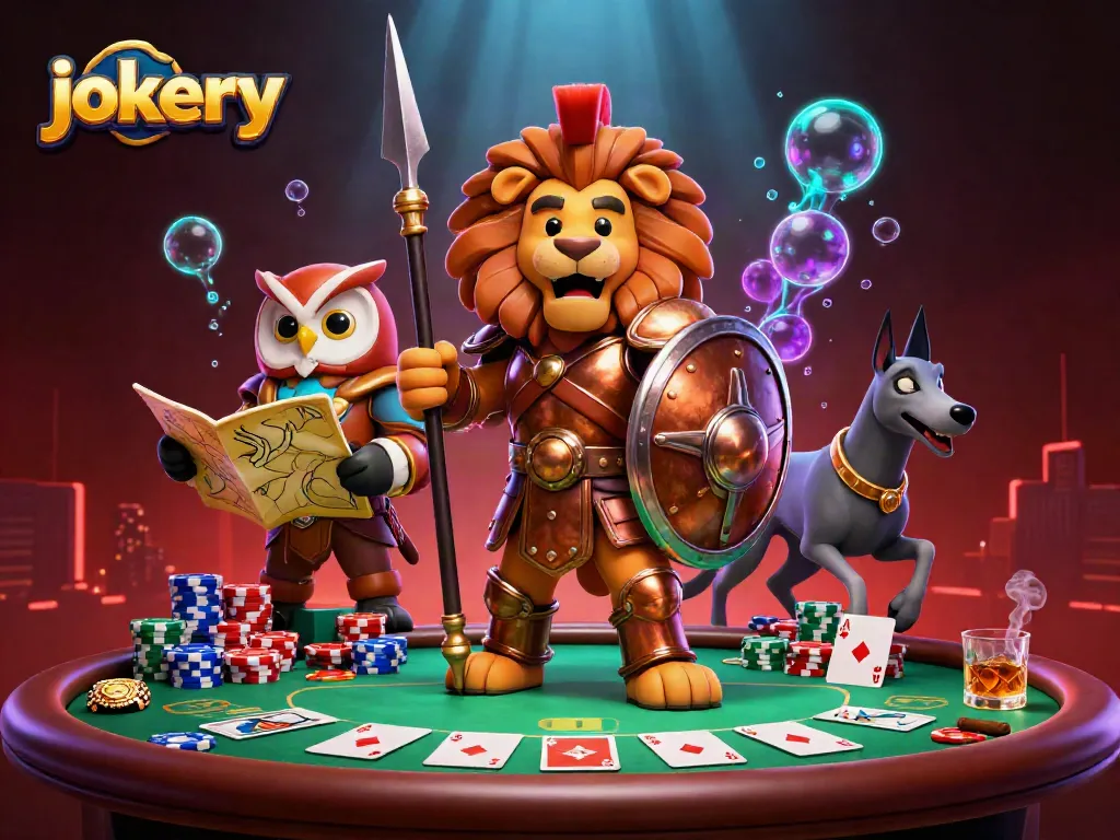 Experience jokery's exciting gaming with a fearless lion, tactical owl, and speedy greyhound at the poker table.