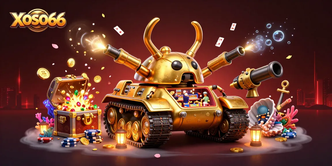 Engage with XOSO66's immersive world inside a golden beetle tank casino, bursting with colorful gems and cards.