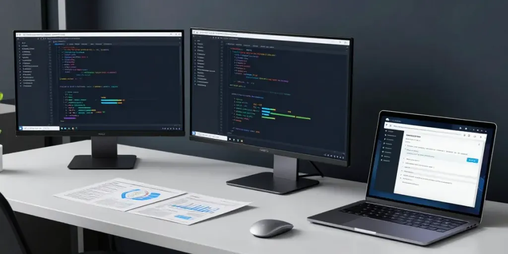 Software composition analysis tools on a developer's monitor showcasing secure coding practices and vulnerability assessments.