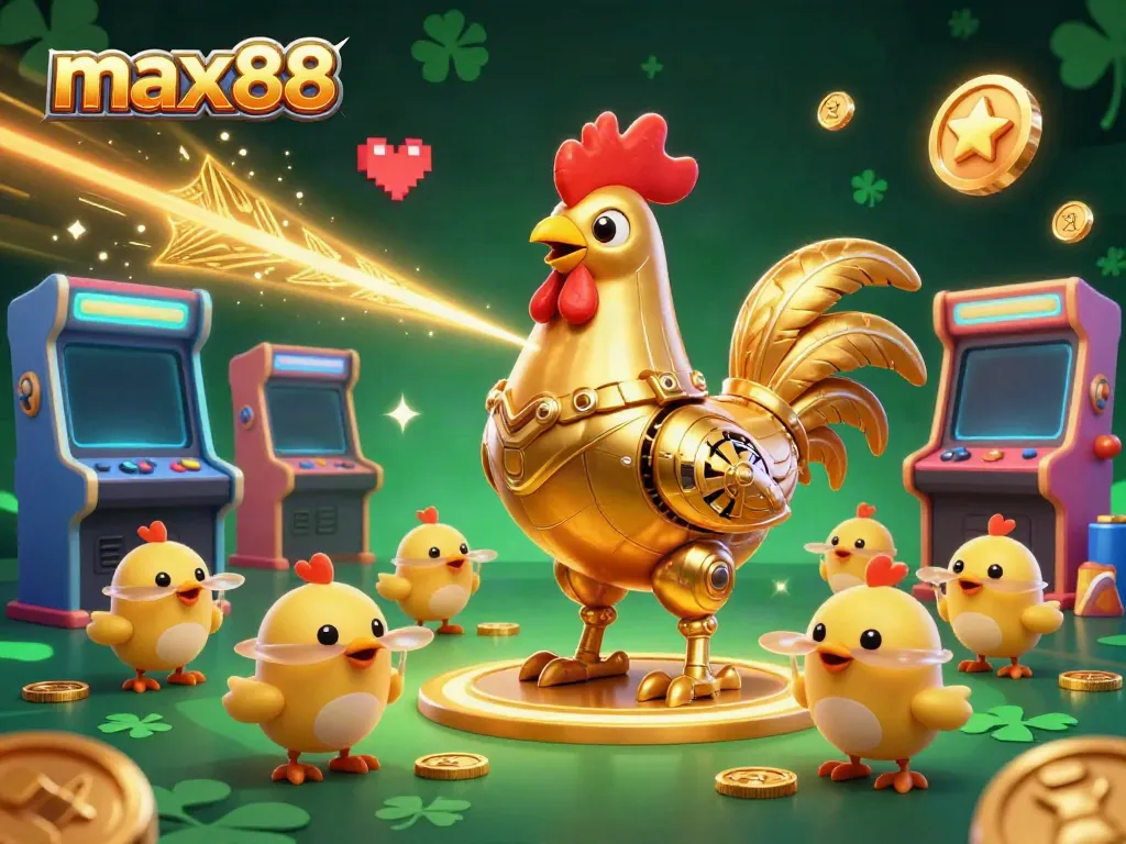 Engage in exciting gameplay at max88 with dynamic golden rooster robot and baby chick drones in a vibrant casino setting.