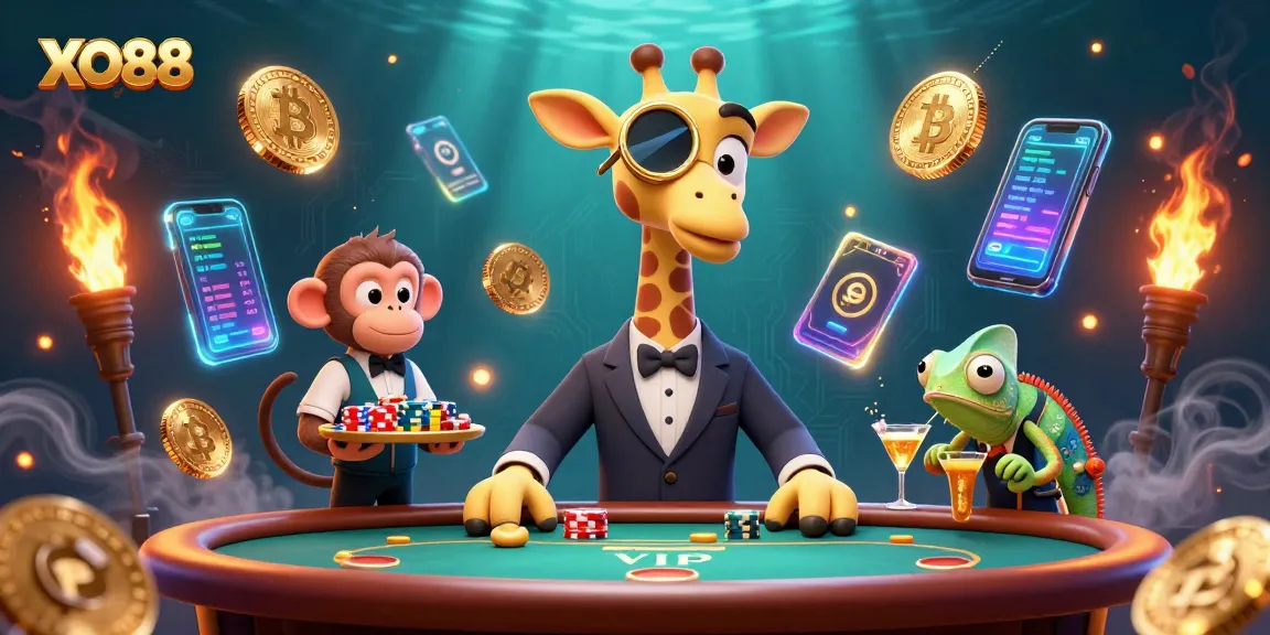 Experience thrilling moments at XO88, where a high-roller giraffe enjoys poker alongside its quirky friends.