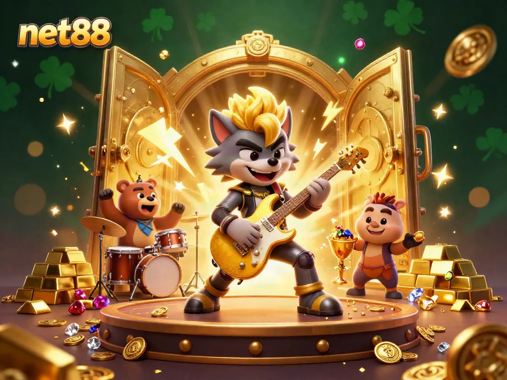 Experience the thrill of net88 with cartoon characters rocking the casino stage amidst a treasure explosion.