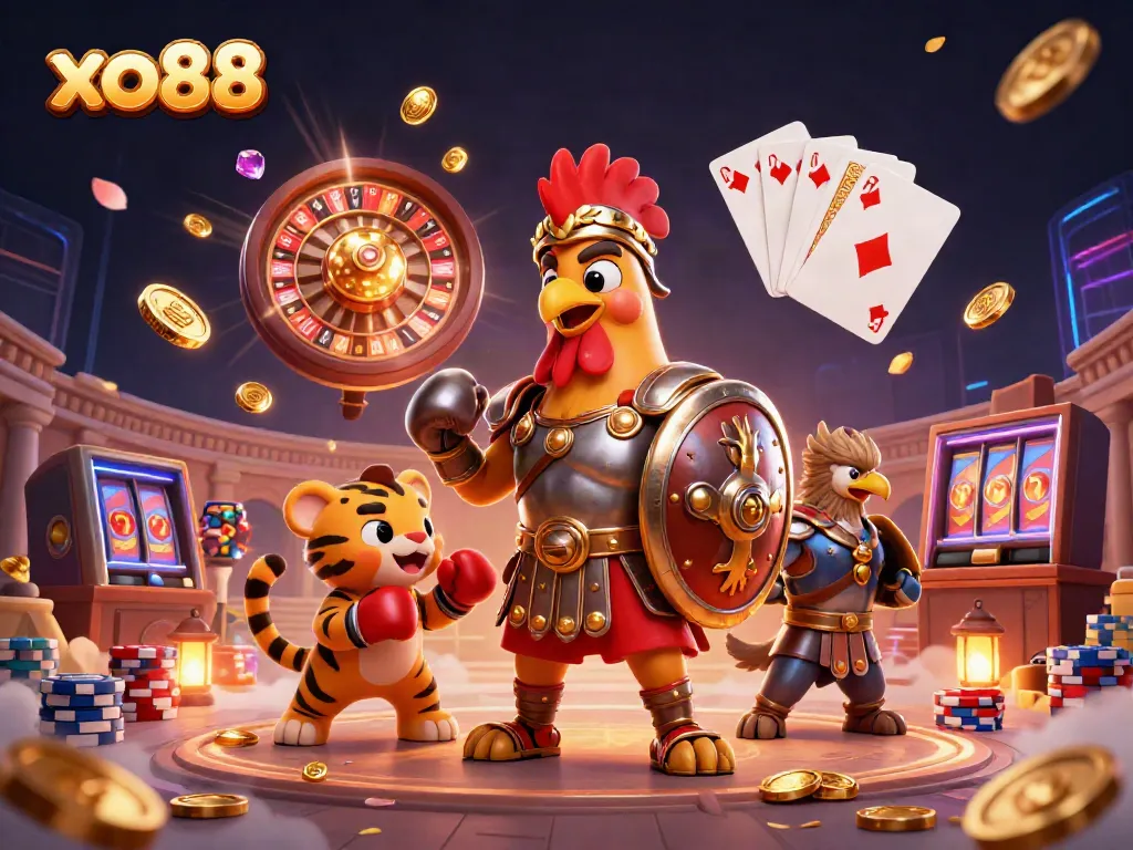 Join the excitement of xo88 with a vibrant casino scene featuring a gladiator rooster and tiger cub.