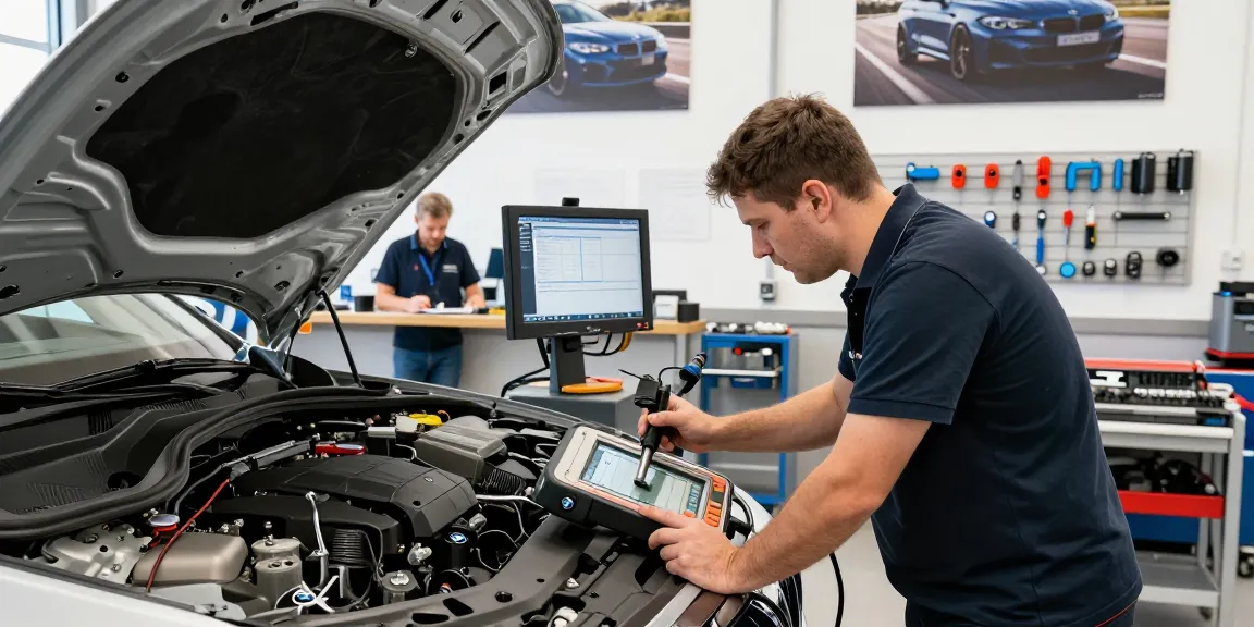 Experte beim Servicieren eines BMW in der Werkstatt Hannover, präsentiert BMW Spezialisten Hannover.