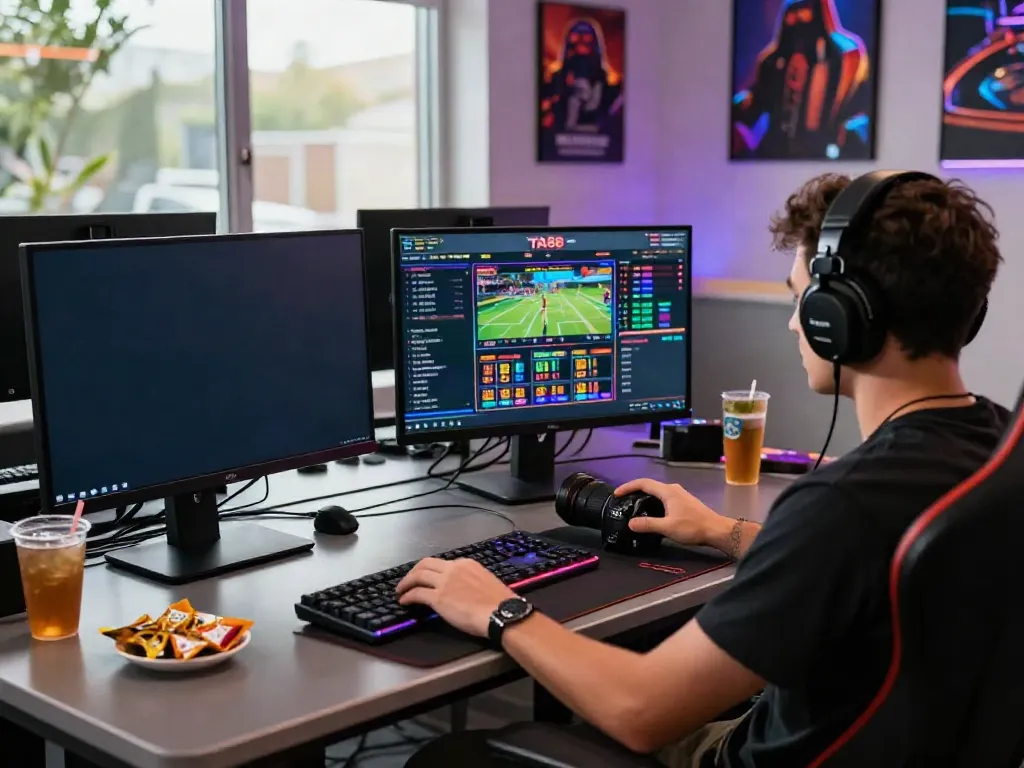 Engaging online gaming scene at https://ta88.network/ with player at dual monitors, vibrant atmosphere.