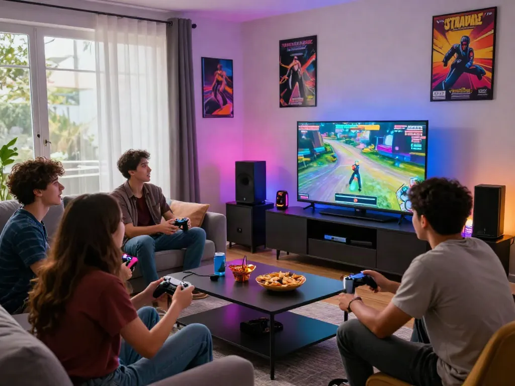 Friends enjoying an engaging rokok88 gaming session in a lively living room.