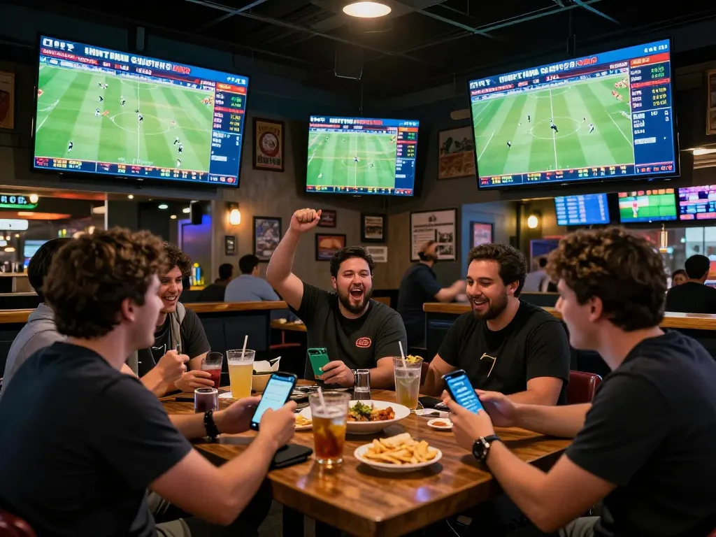 Fans engage in keo nha cai betting while watching live sports in a vibrant bar setting