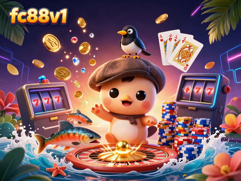 Experience the excitement of fc88v1 with vivid elements from casino gaming, including slots and golden coins.