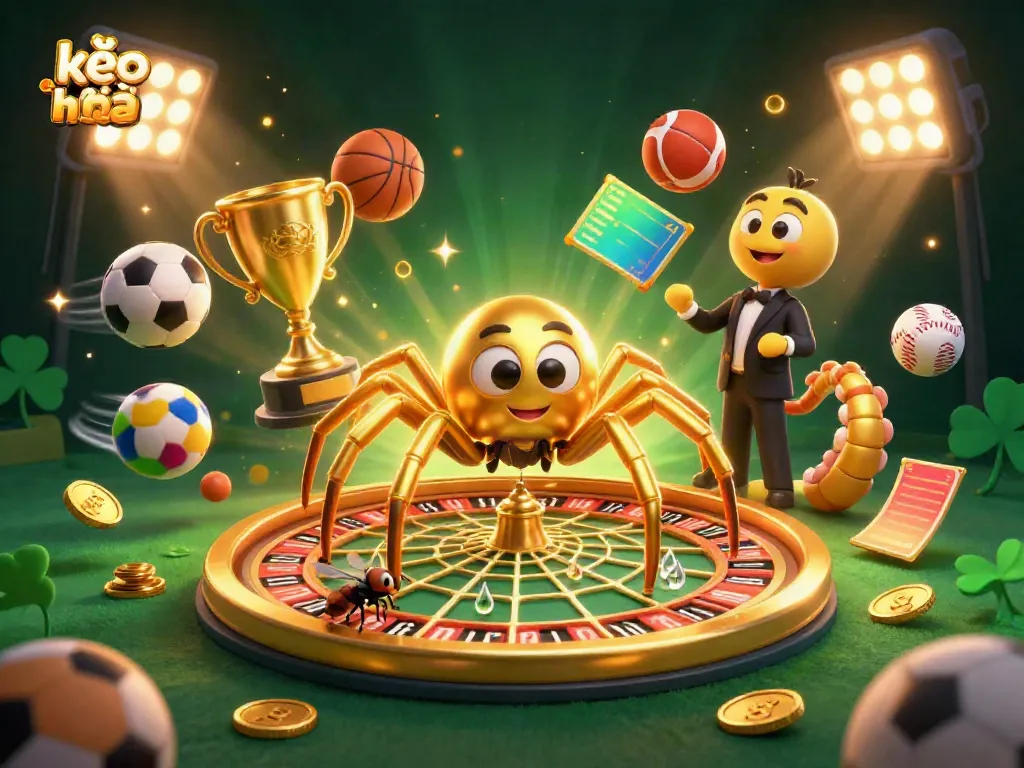 Engaging scene of a golden spider and centipede dealer in a betting realm showcasing kèo nhà cái.