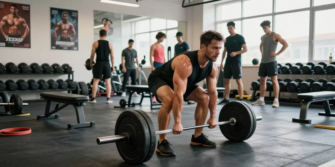 Kraftsportler hebt Gewichte in einem professionellen Fitnessstudio und zeigt Produkte des Anabolika Shop Deutschland, die Stärke und Hingabe im Training demonstrieren.