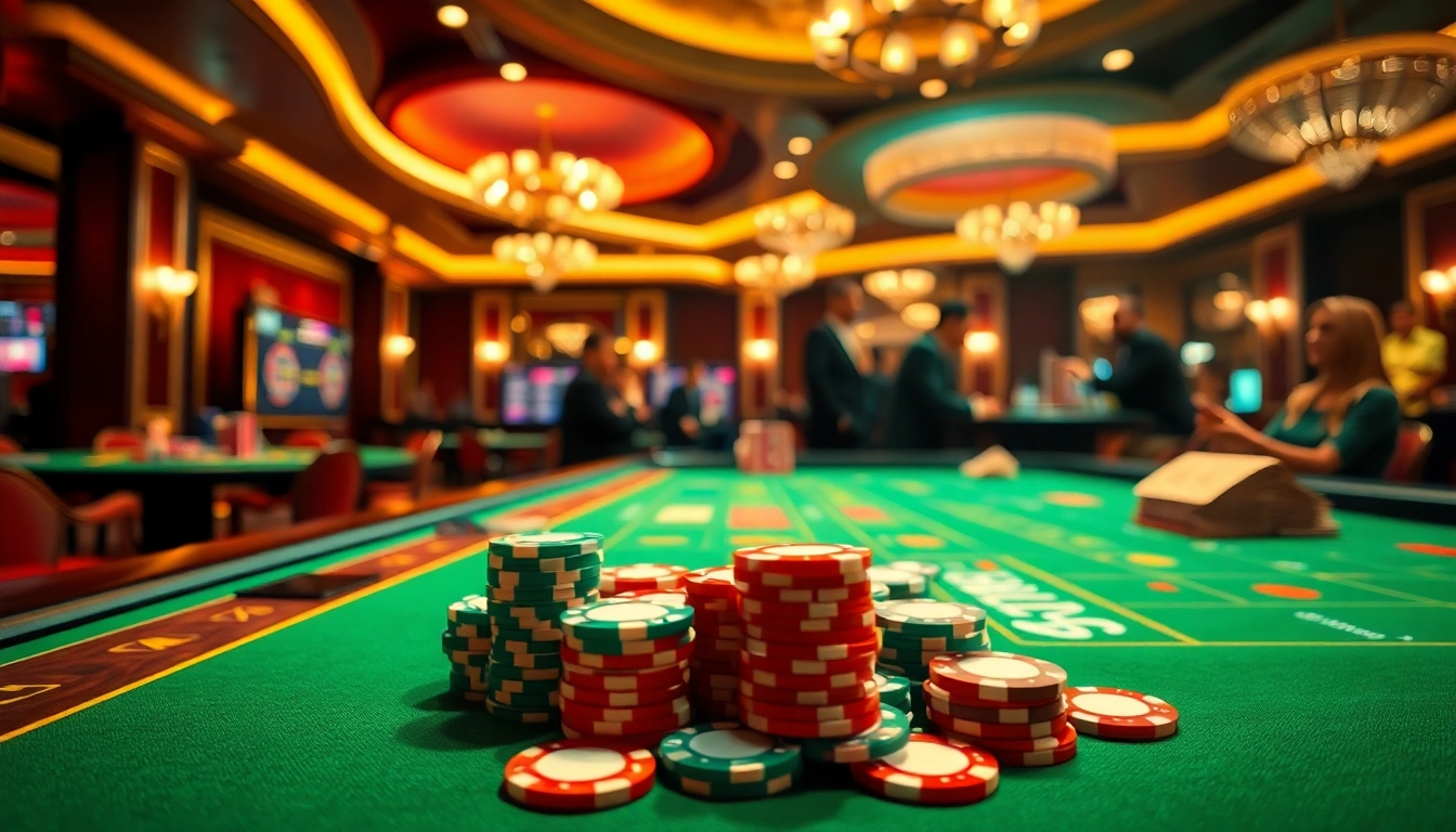 Spielen am Casinospielen Tisch mit bunten Chips und Karten in einem eleganten Casino-Umfeld.